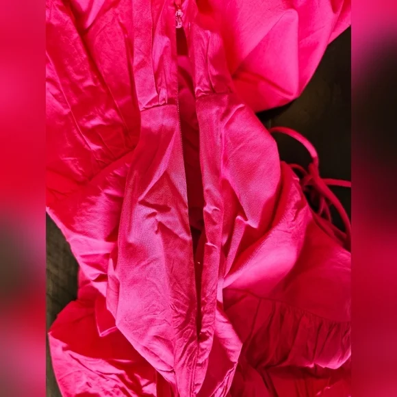 By Anthropologie Women's Puff-Sleeve Romper w Pockets, Fuchsia Hot Pink - Picture 8 of 13